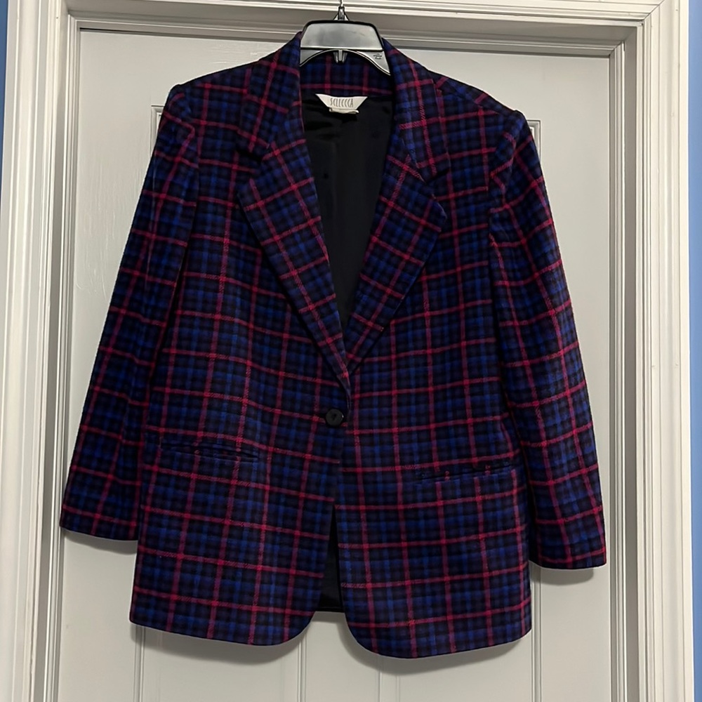 Vintage 80s 90s Sellecca size 12 blue purple plaid blazer fall winter